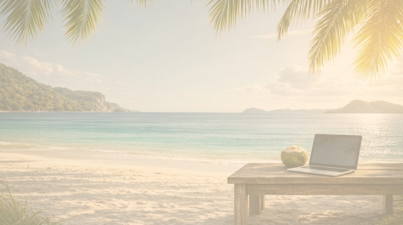 Beach with laptop — work from anywhere