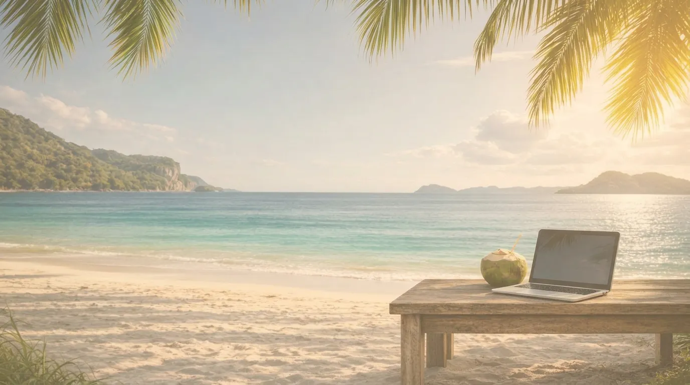 A laptop and fresh coconut on a wooden table on a sunlit tropical beach