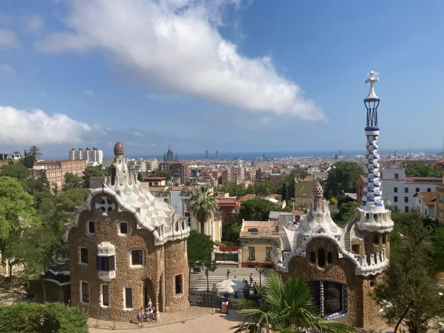 Park Güell mosaic pavilions above the Barcelona skyline, Spain