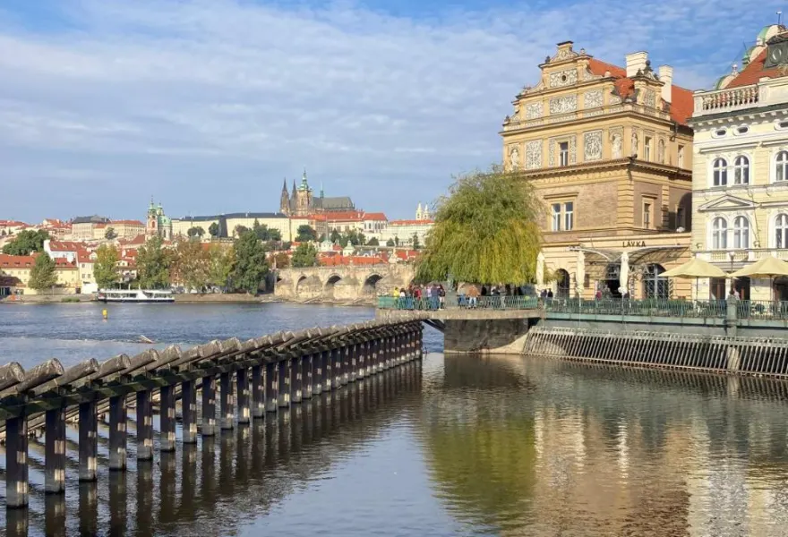 Prague Castle and the Charles Bridge across the Vltava river, Czech Republic