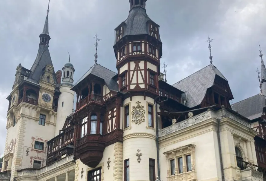 Peleș Castle with its turrets and timbered facade near Brașov, Romania